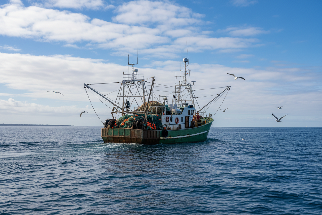 generate an image of a fishing boat in the water 